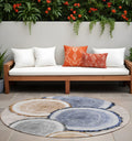 8' Round Beige Blue And Gold Round Faux Bois Washable Non Skid Indoor Outdoor Area Rug