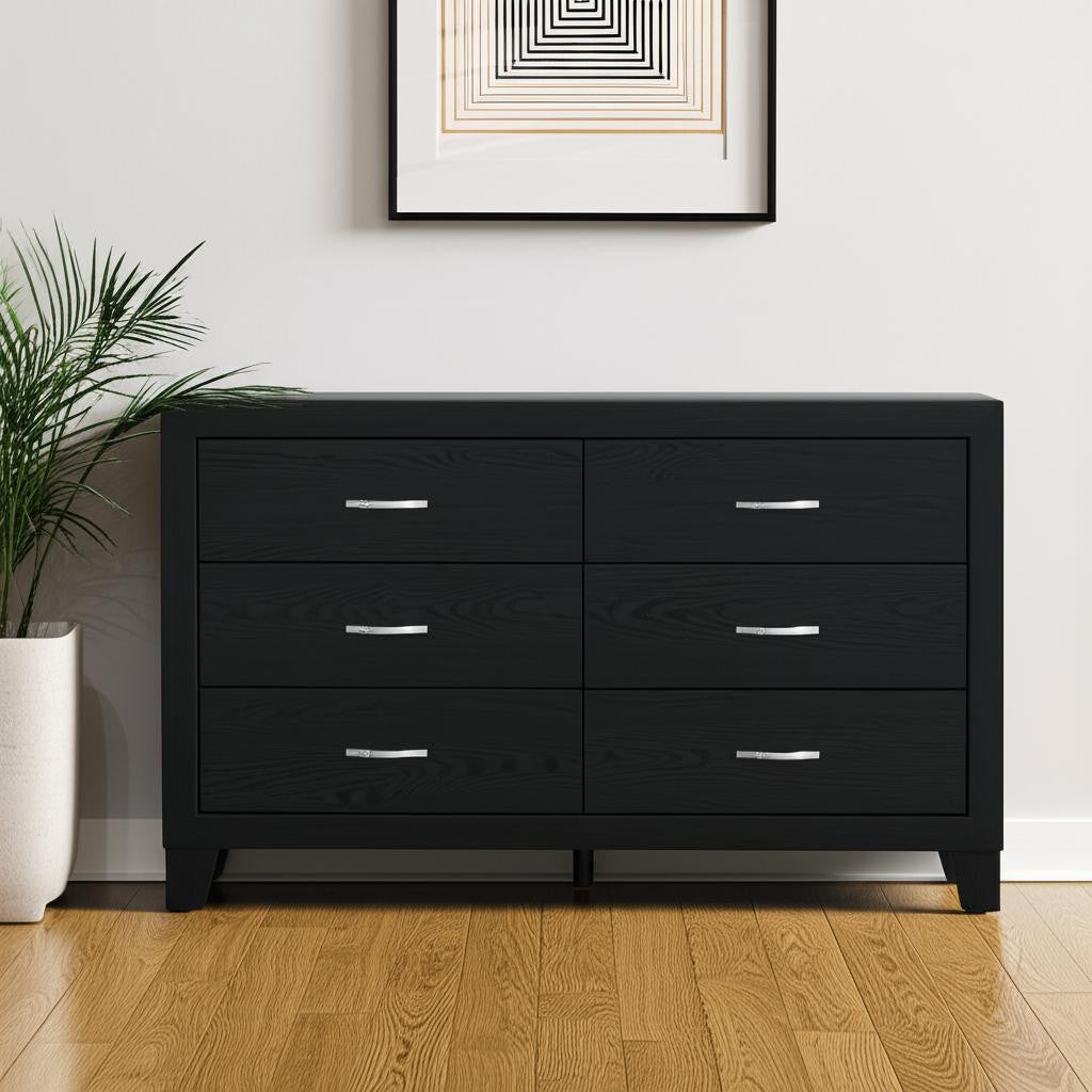 58 Black Wood Six Drawer Double Dresser
