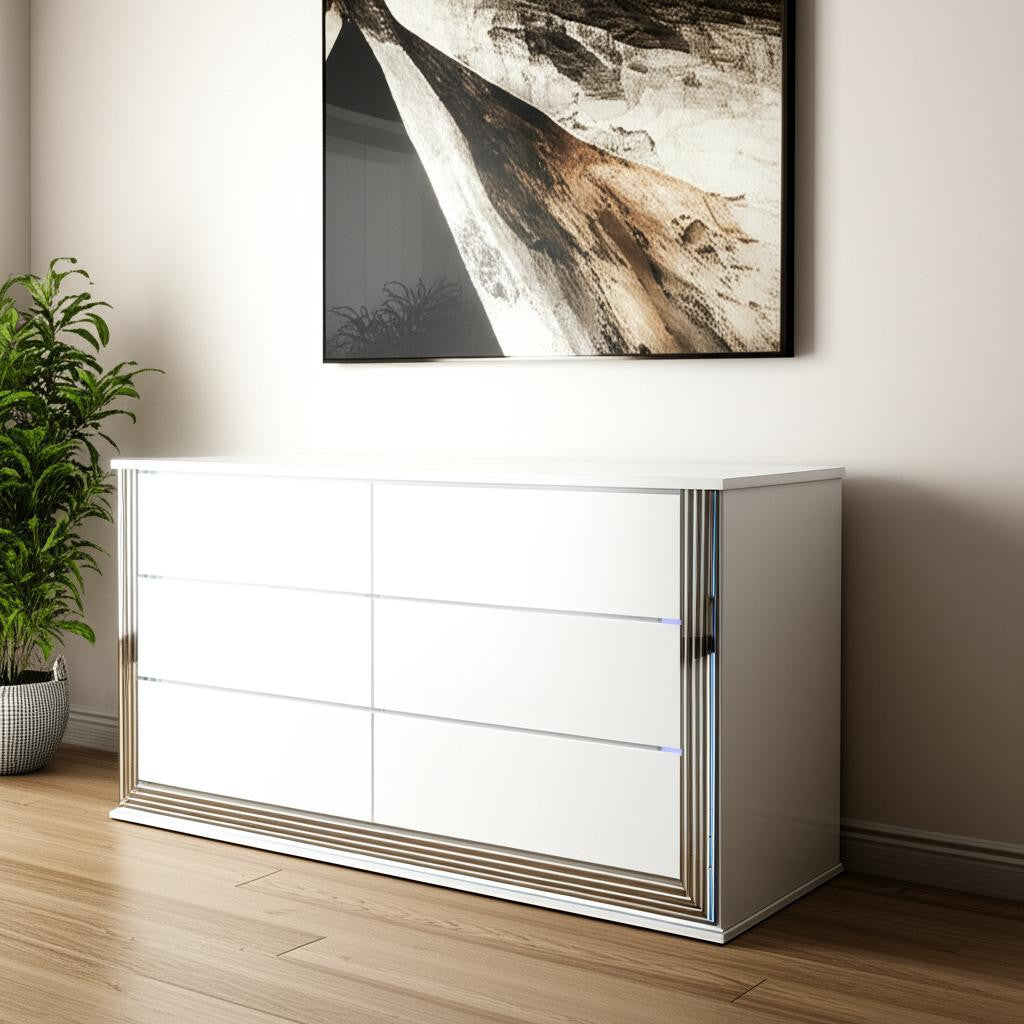 61 White Wood Lighted Six Drawer Double Dresser