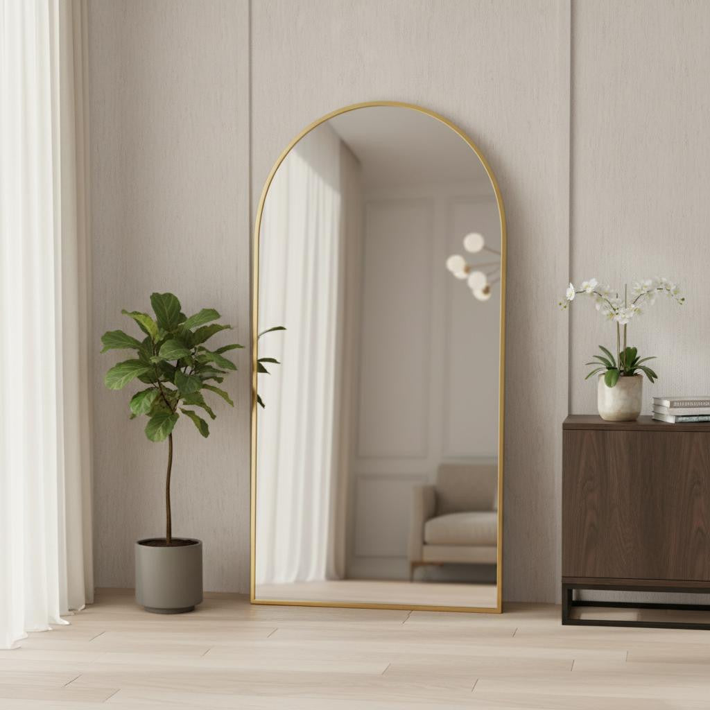 71 Gold Metal Arch Leaning Framed Full Length Mirror