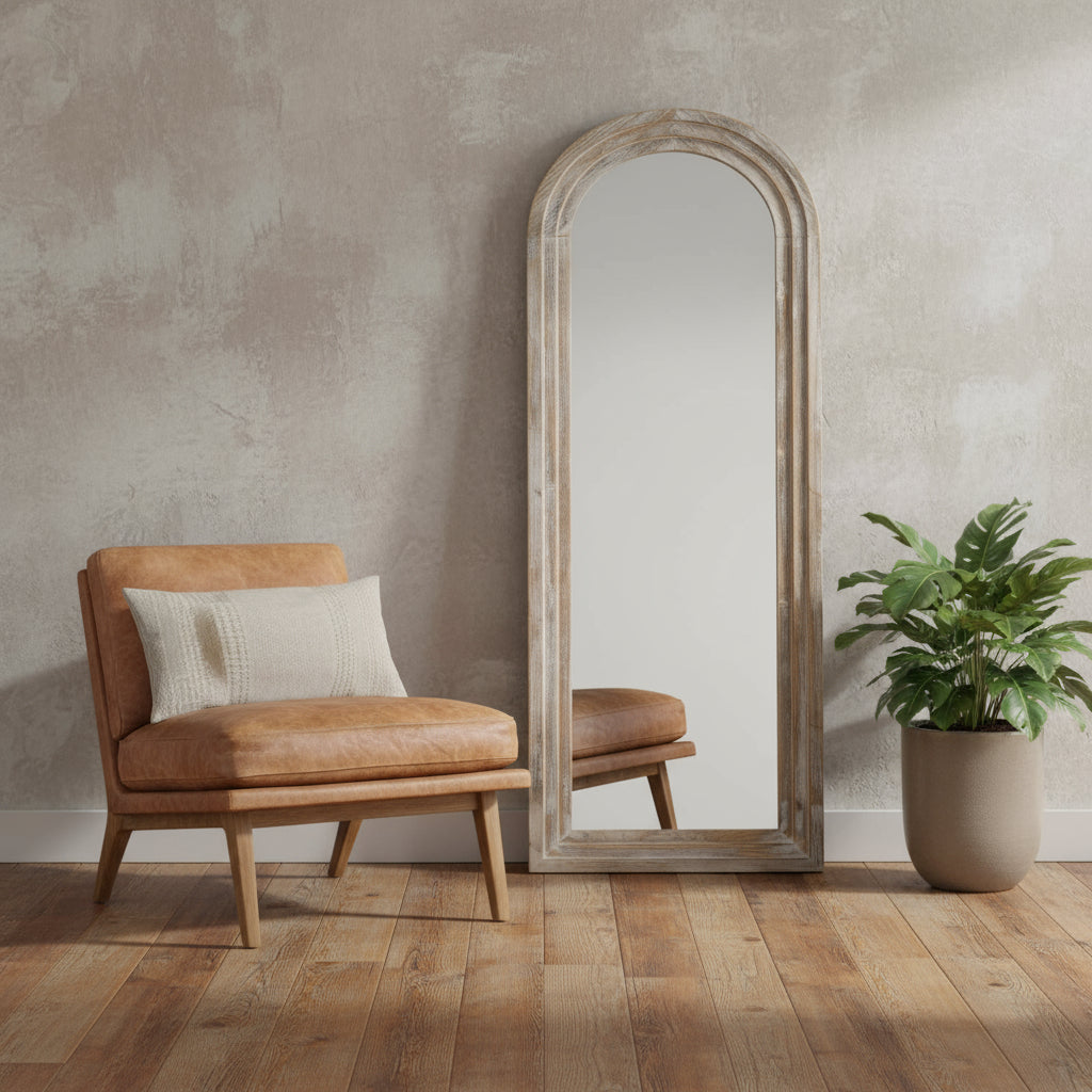 64 White Solid Wood Arch Freestanding Framed Full Length Mirror
