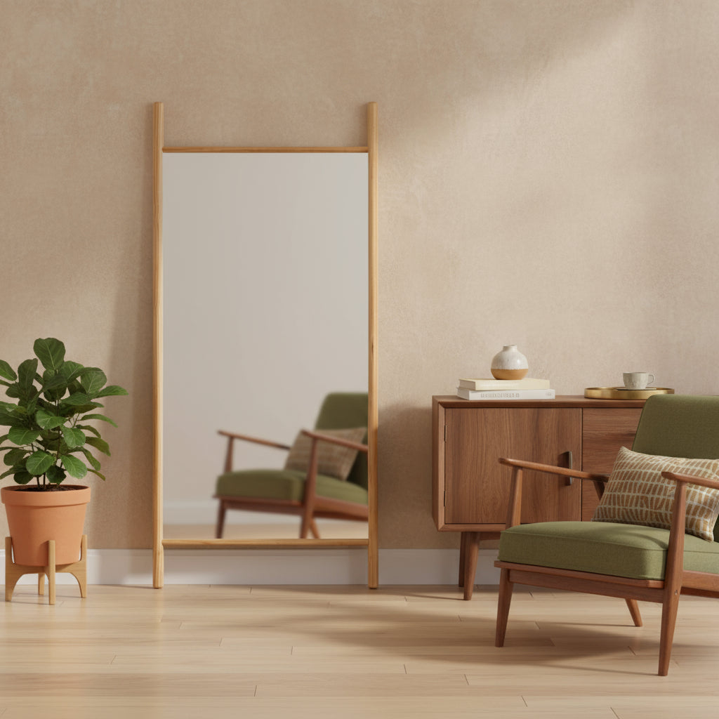 64 Natural Solid Wood Ladder Leaning Framed Full Length Mirror