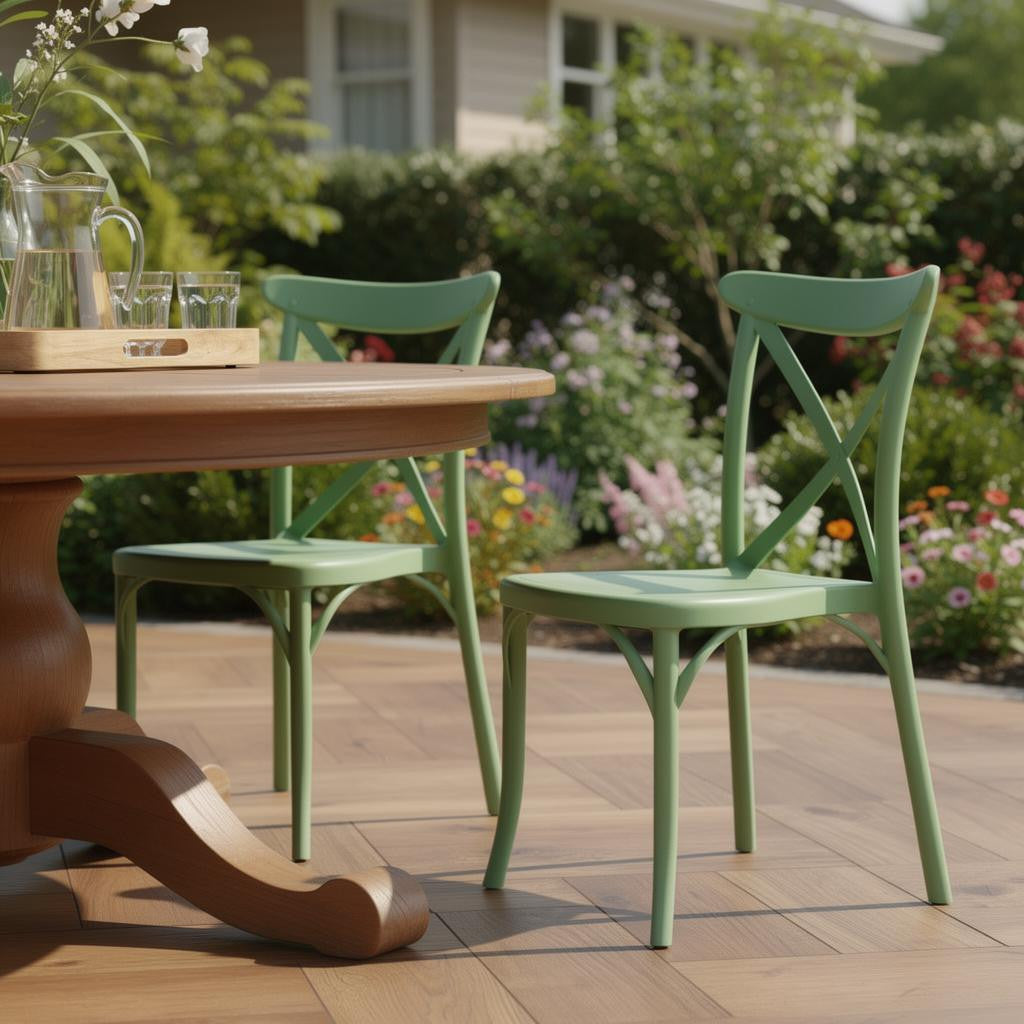 Set of Two Green Heavy Duty Plastic Outdoor Stacking Dining Chairs