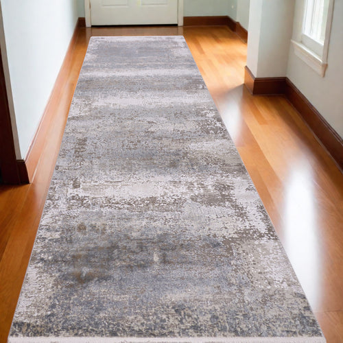 10' Gray Abstract Power Loom Runner Rug With Fringe