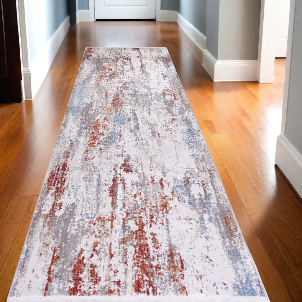 10' Gray Blue and Red Abstract Power Loom Runner Rug With Fringe