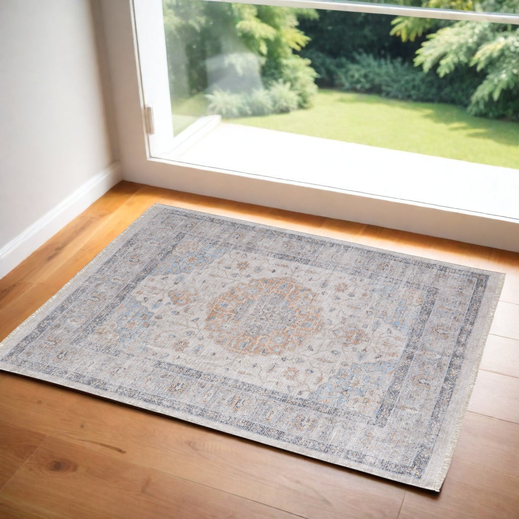 2' X 3' Ivory Blue and Orange Oriental Hand Woven Distressed Area Rug With Fringe