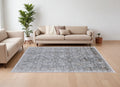 7' X 10' Gray and Silver Damask Power Loom Worn Faded Area Rug