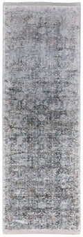 8' Gray and Silver Damask Power Loom Worn Faded Runner Rug