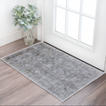 2' X 3' Gray and Silver Damask Power Loom Worn Faded Area Rug