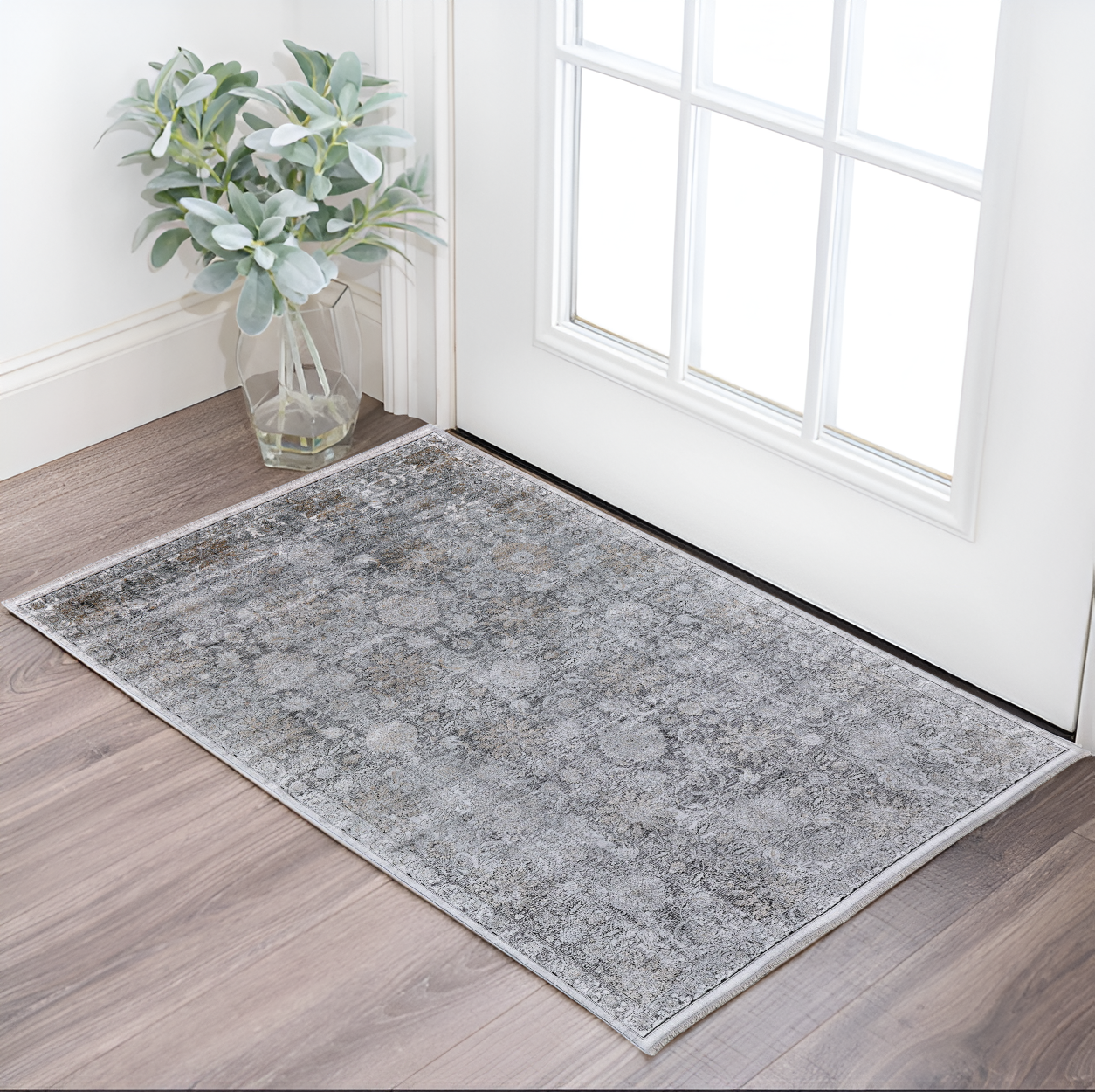 2' X 3' Gray and Silver Damask Power Loom Worn Faded Area Rug