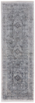 8' Gray and Silver Oriental Power Loom Worn Faded Runner Rug