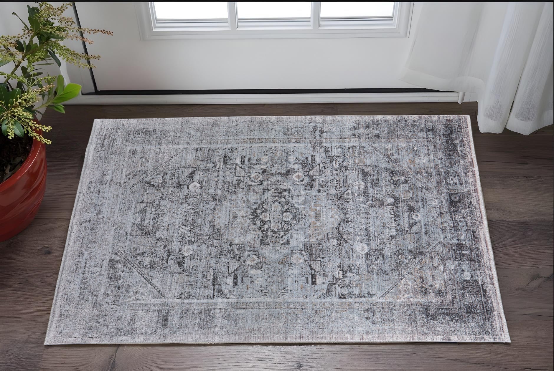 2' X 3' Gray and Silver Oriental Power Loom Worn Faded Area Rug