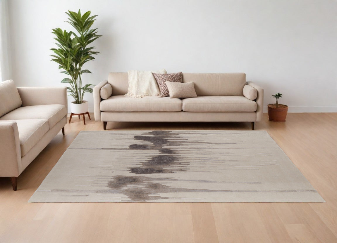 8' X 10' Ivory Taupe and Brown Abstract Hand Tufted Area Rug