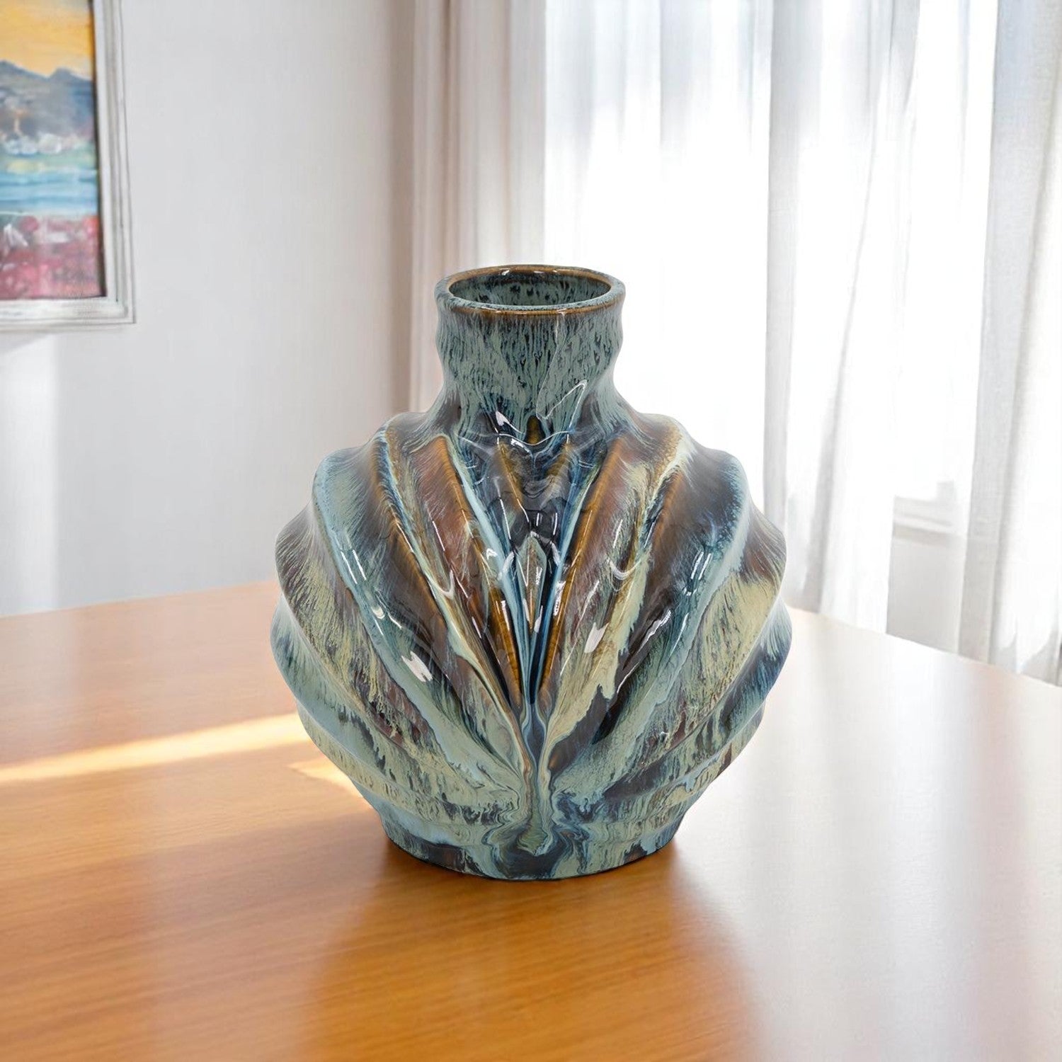 11'' Blue Beige And Brown Abstract Wavy Ceramic Table Vase