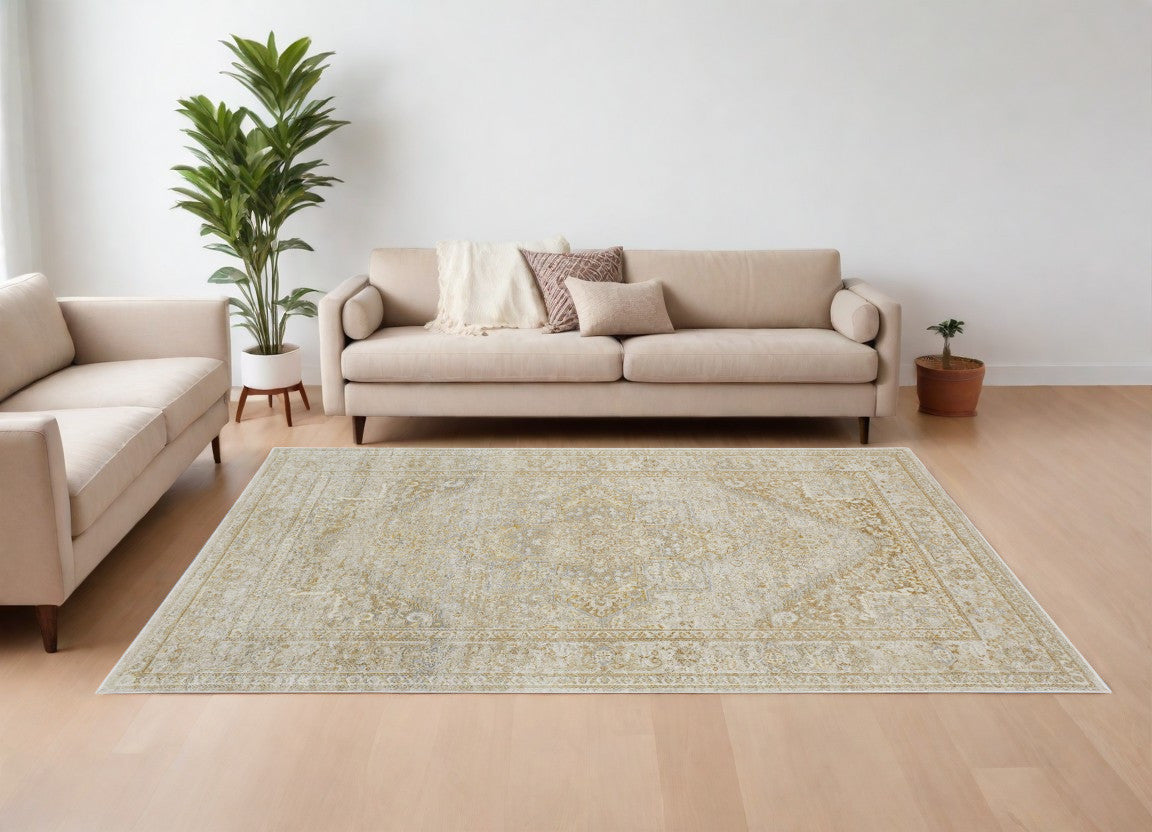 8' X 10' Ivory and Gold Oriental Power Loom Area Rug