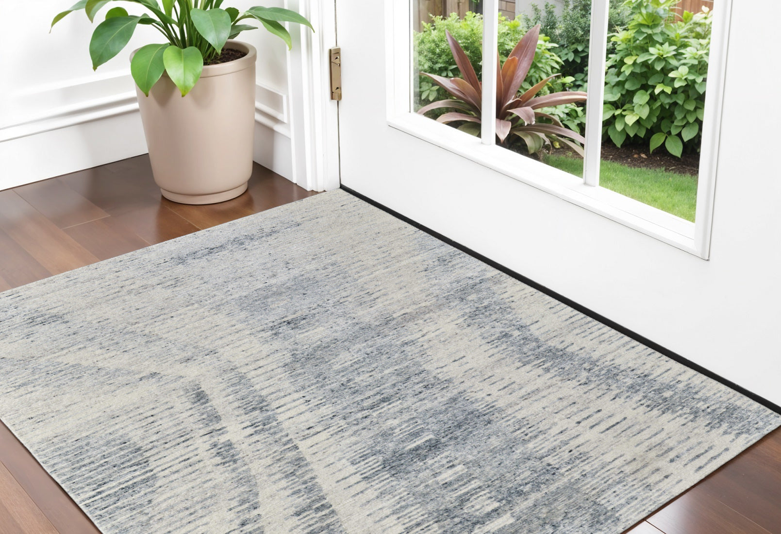 2' X 3' Ivory Gray and Blue Abstract Hand Knotted Worn Faded Area Rug
