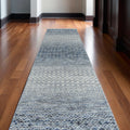 10 Ivory Gray and Blue Wool Hand Knotted Runner Rug With Fringe