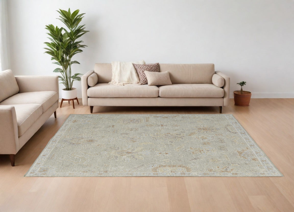 6' X 9' Gray and Brown Wool Floral Hand Knotted Area Rug