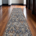 12' Ivory Blue and Brown Floral Power Loom Runner Rug With Fringe