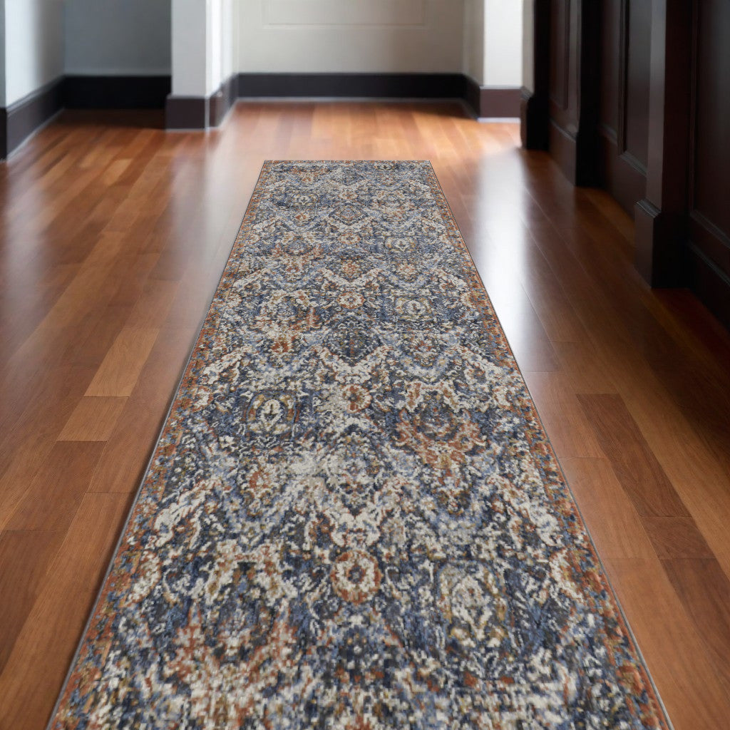 12' Ivory Blue and Brown Floral Power Loom Runner Rug With Fringe