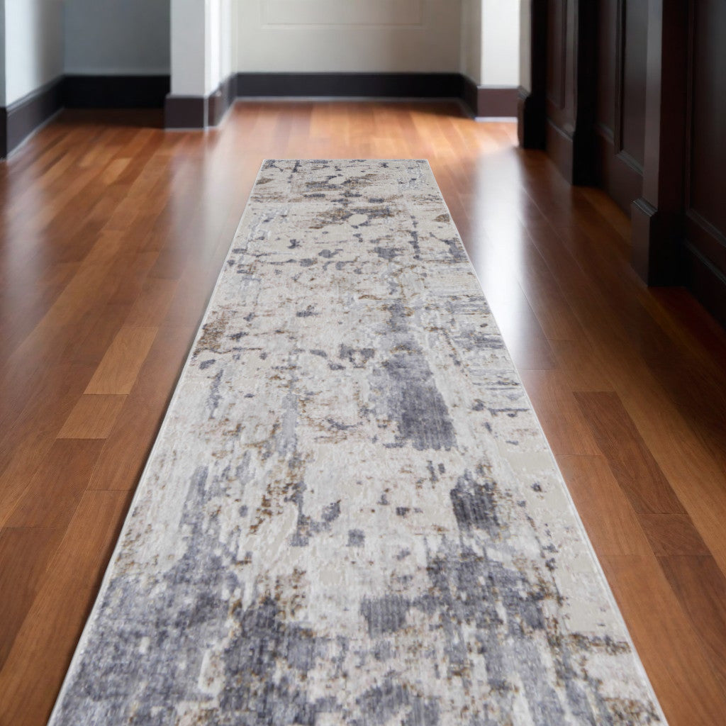 10' Ivory Gray and Blue Abstract Power Loom Worn Faded Runner Rug