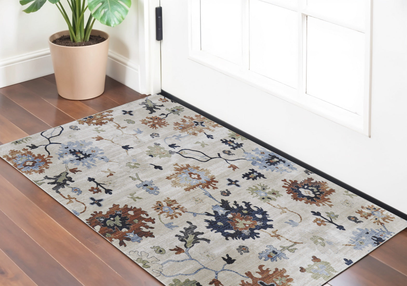 2' X 3' Ivory Red and Blue Floral Power Loom Area Rug