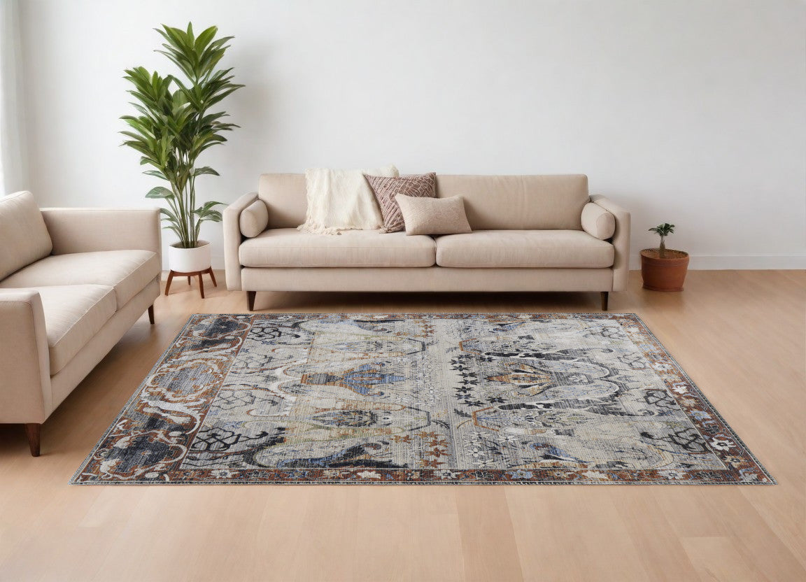 8' X 10' Gray Black and Red Ikat Power Loom Area Rug
