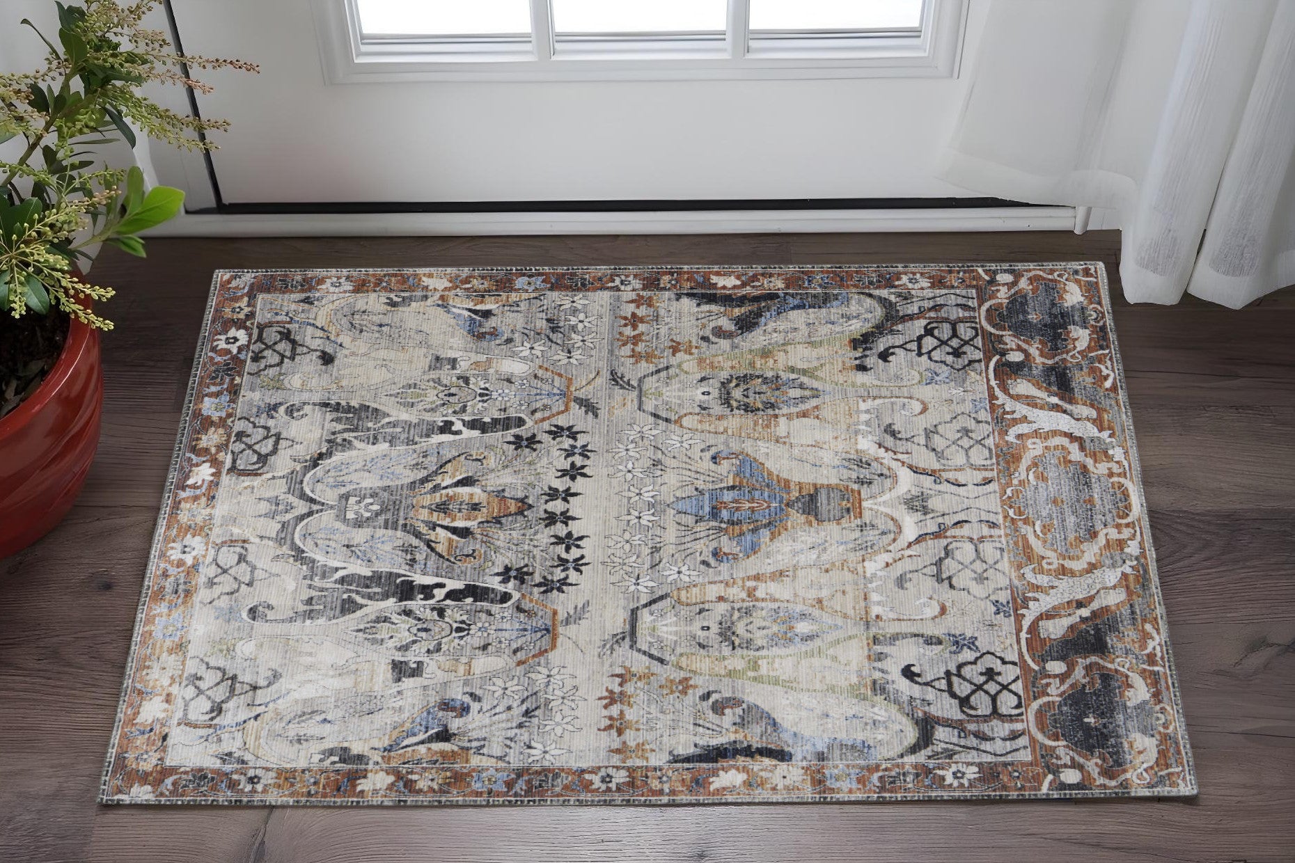 2' X 3' Gray Black and Red Ikat Power Loom Area Rug