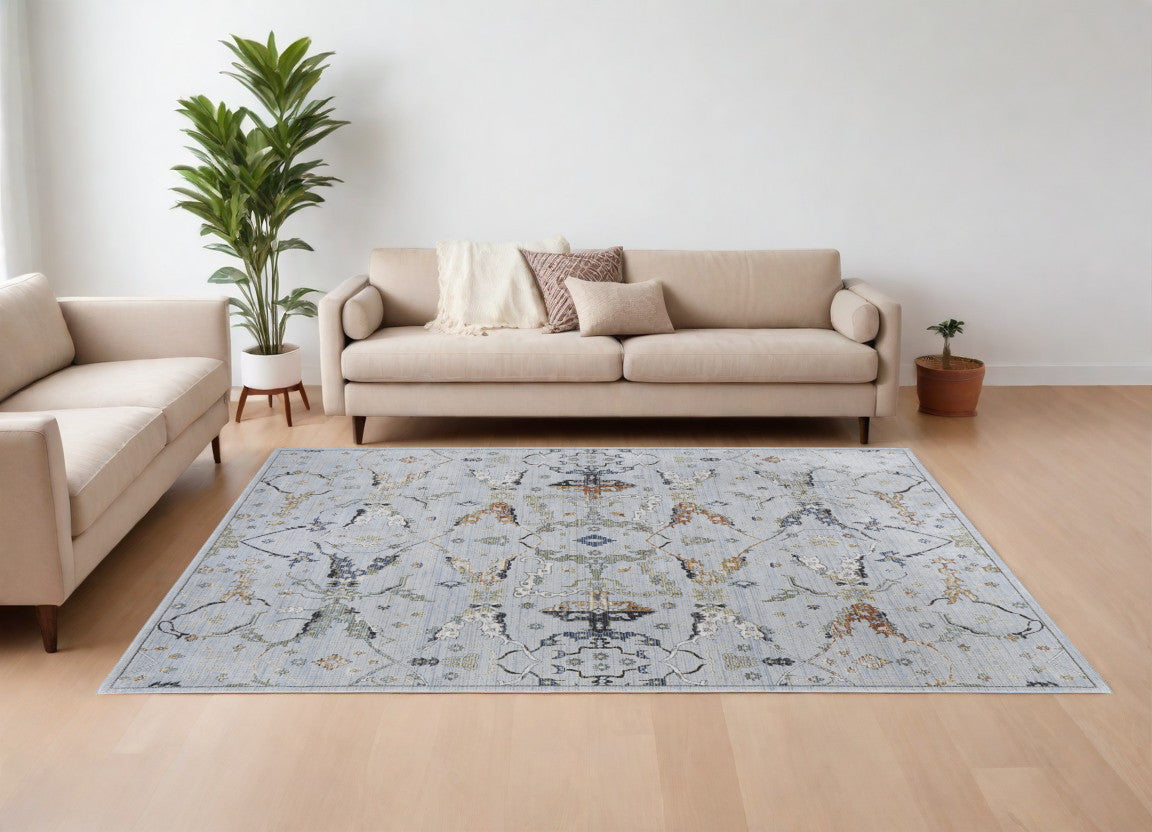 7' X 10' Gray Blue and Green Floral Power Loom Area Rug