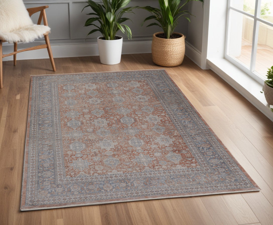 5' X 7' Blue and Red Oriental Power Loom Worn Faded Area Rug With Fringe