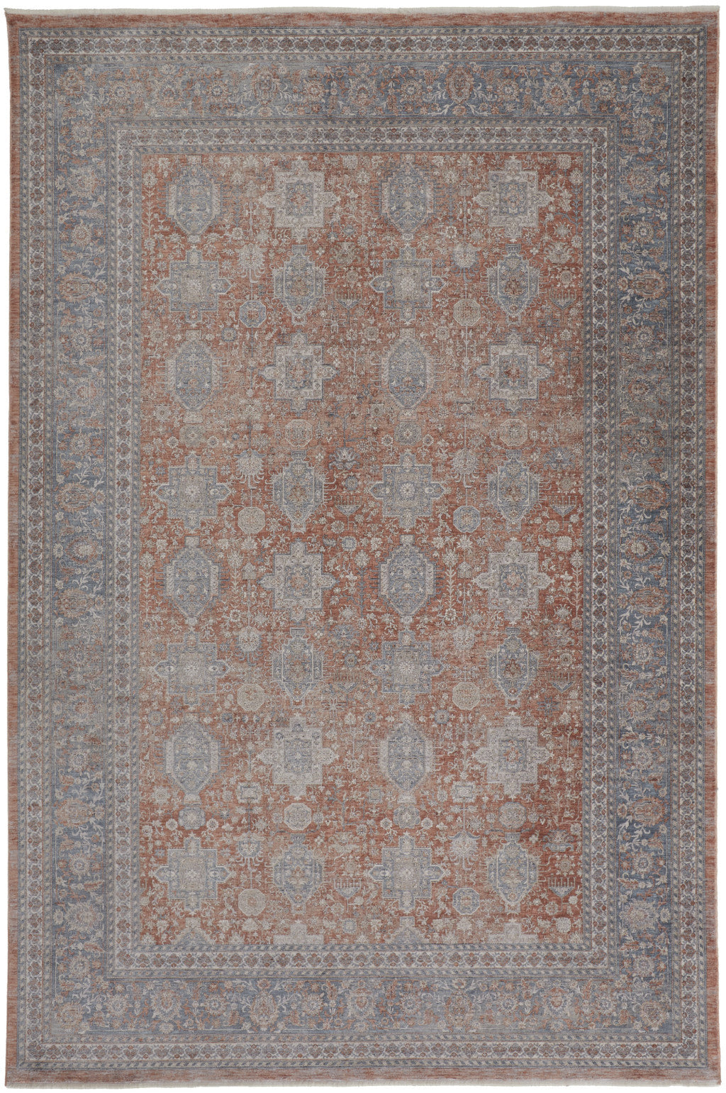 8' X 10' Blue and Red Oriental Power Loom Worn Faded Area Rug With Fringe