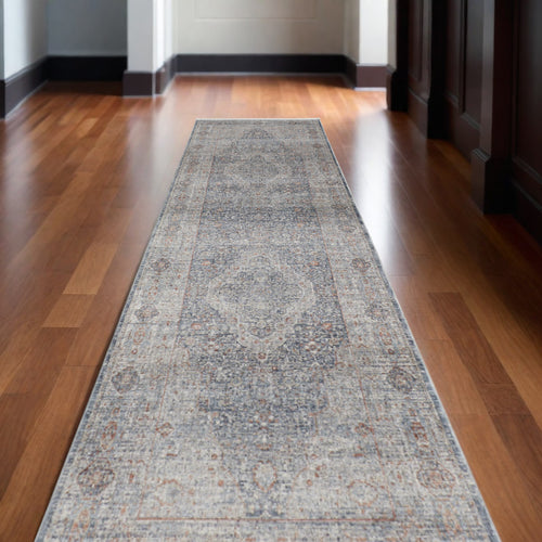 10' Gray Blue and Red Oriental Power Loom Runner Rug With Fringe