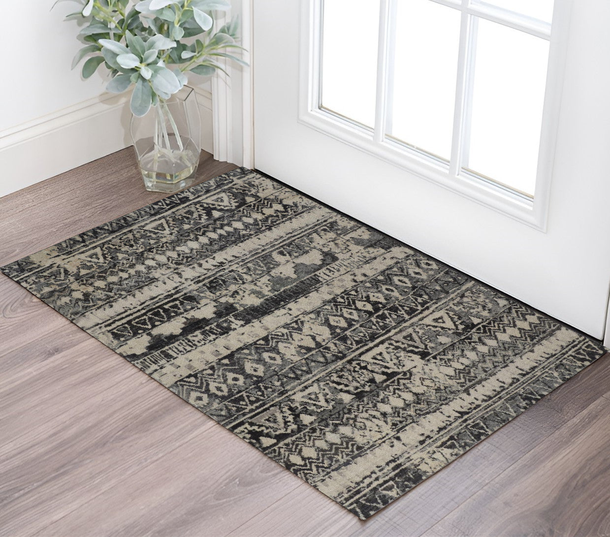 2' X 3' Ivory Gray and Black Wool Geometric Hand Knotted Area Rug
