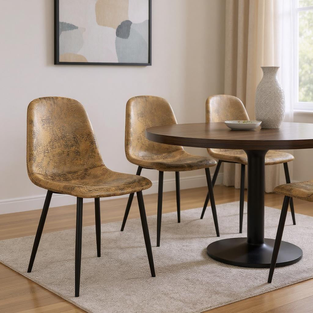 Set of Four Brown and Black Suede and Metal Dining Side Chairs