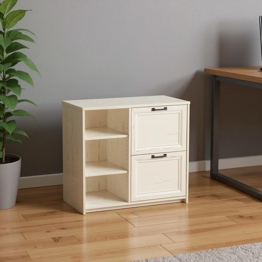 30 Antiqued White Distressed Wood Two Drawers Filing Cabinet