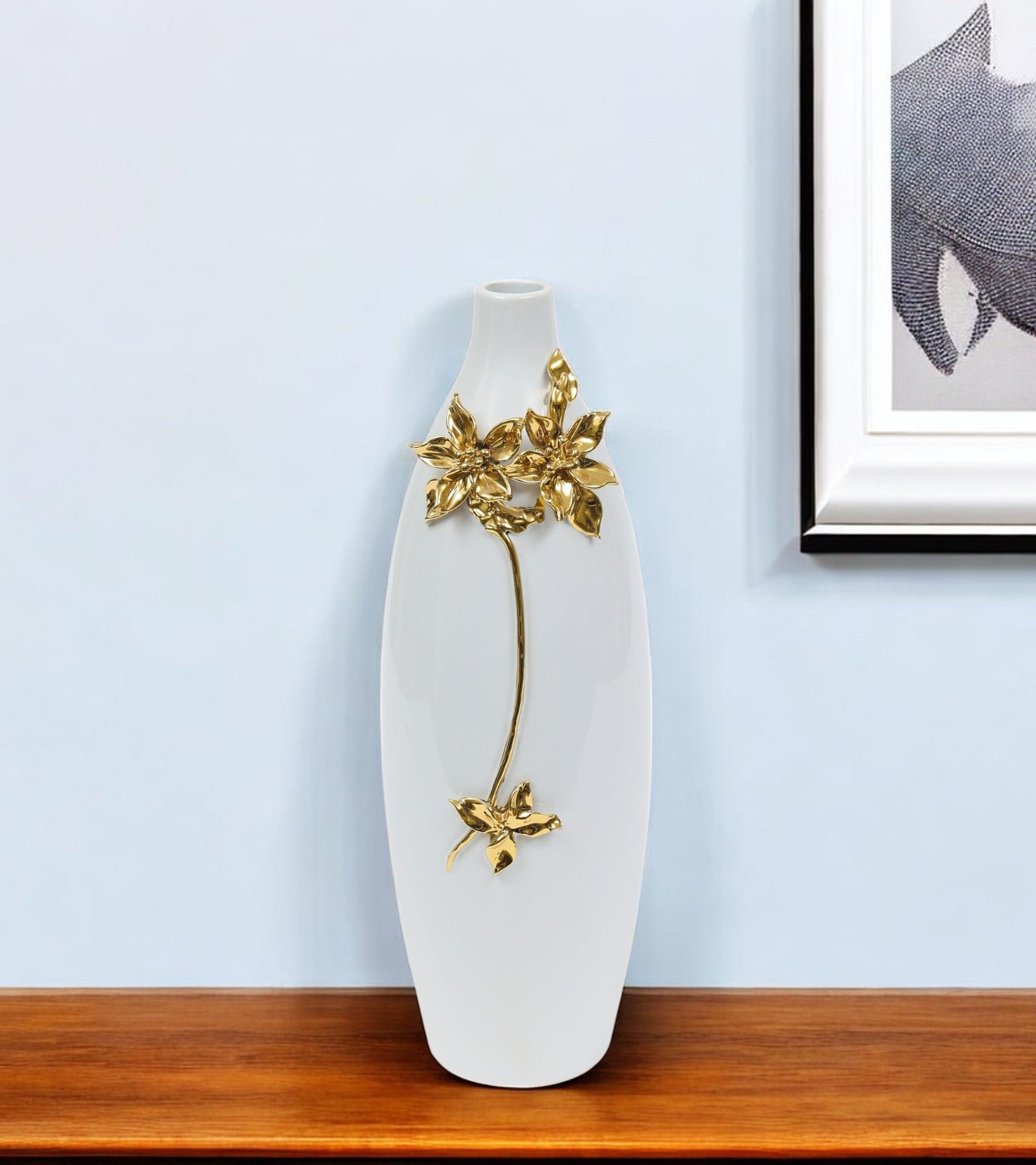 18'' Gold Floral Oval Ceramic Table Vase With Sculptural Details