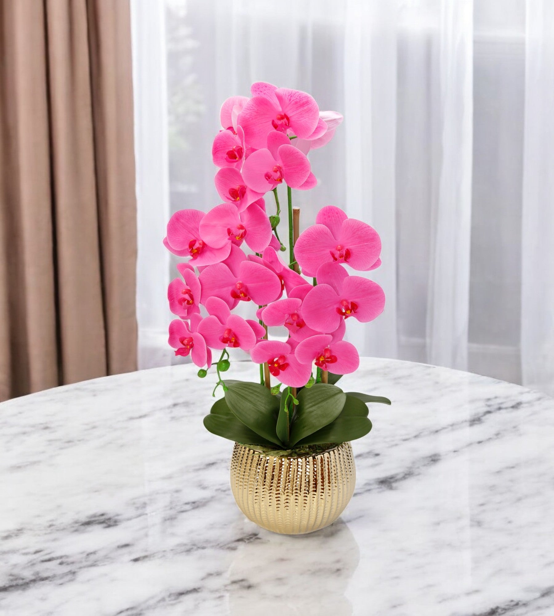26 Pink Orchid Artificial Plant in a Striped Gold Round Vase