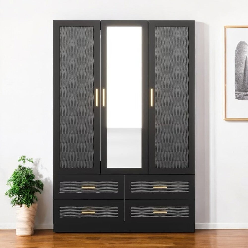 71 Black Carved Geometric Mirrored Three Door Four Drawer Combo Dresser