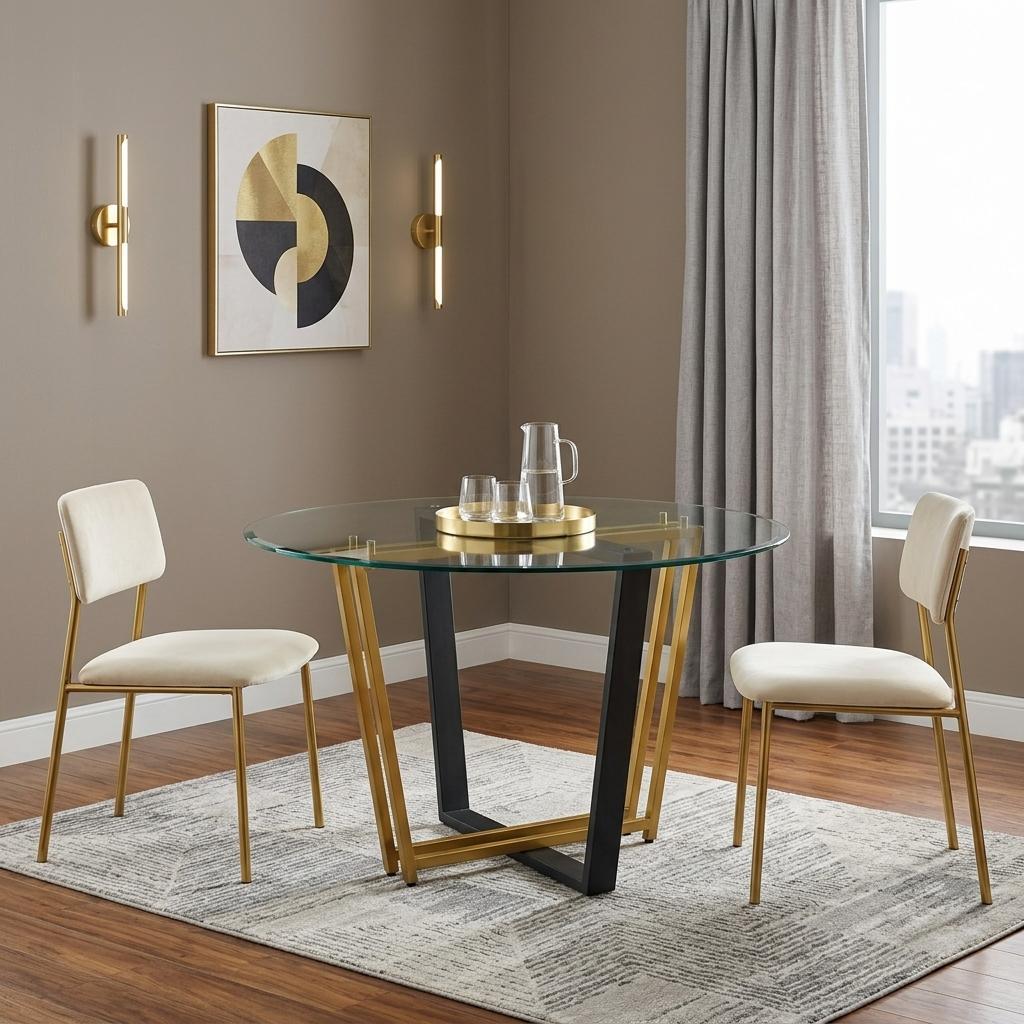 48 Clear And Gold Glass And Iron Sled Base Round Top Dining Table