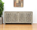 78 Gray Distressed Solid Wood Carved Floral Sideboard with Four Doors