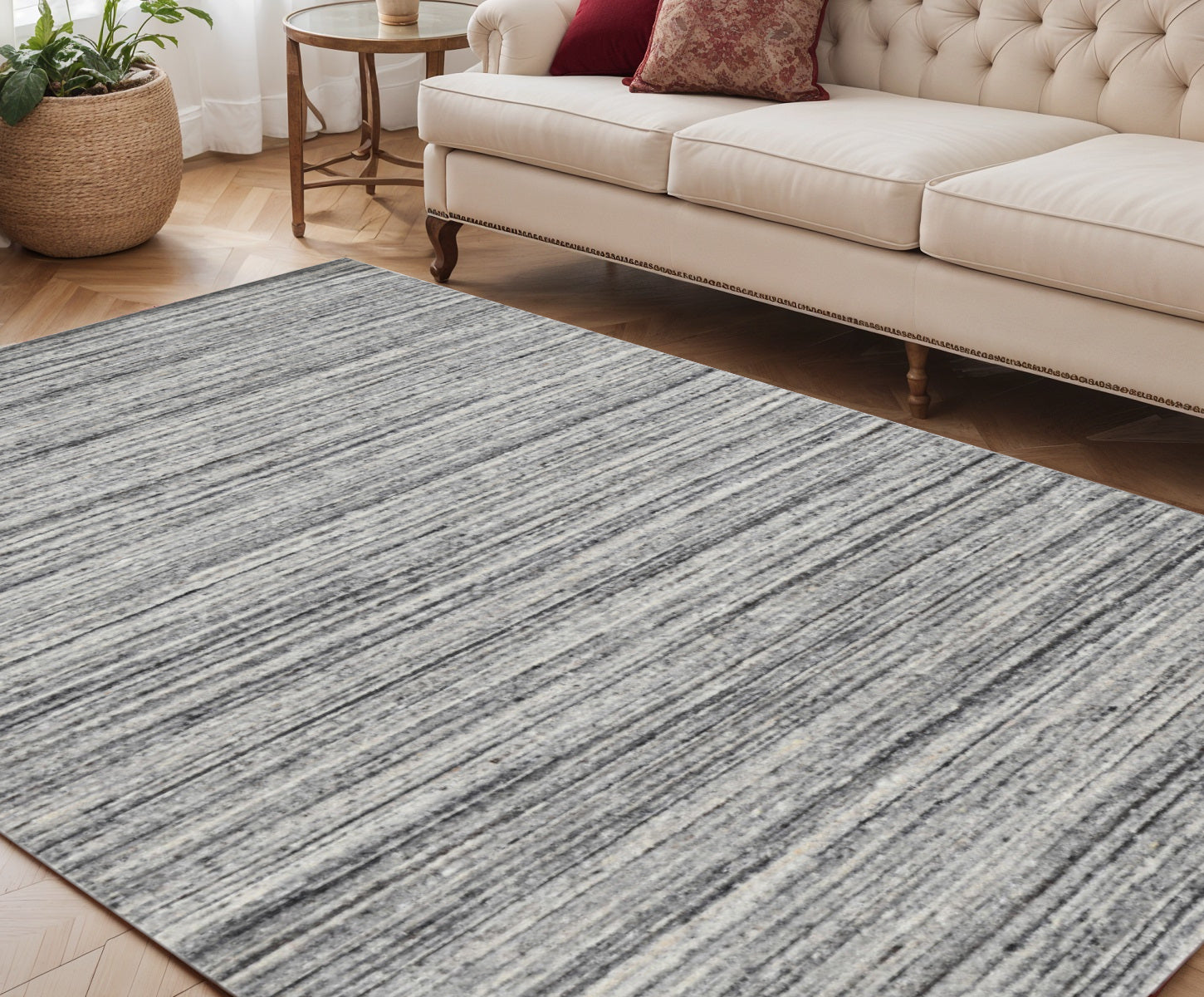 5 X 8 Ivory Gray And Black Wool Striped Hand Woven Area Rug