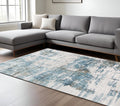 8 X 12 Ivory Blue And Brown Abstract Area Rug With Fringe