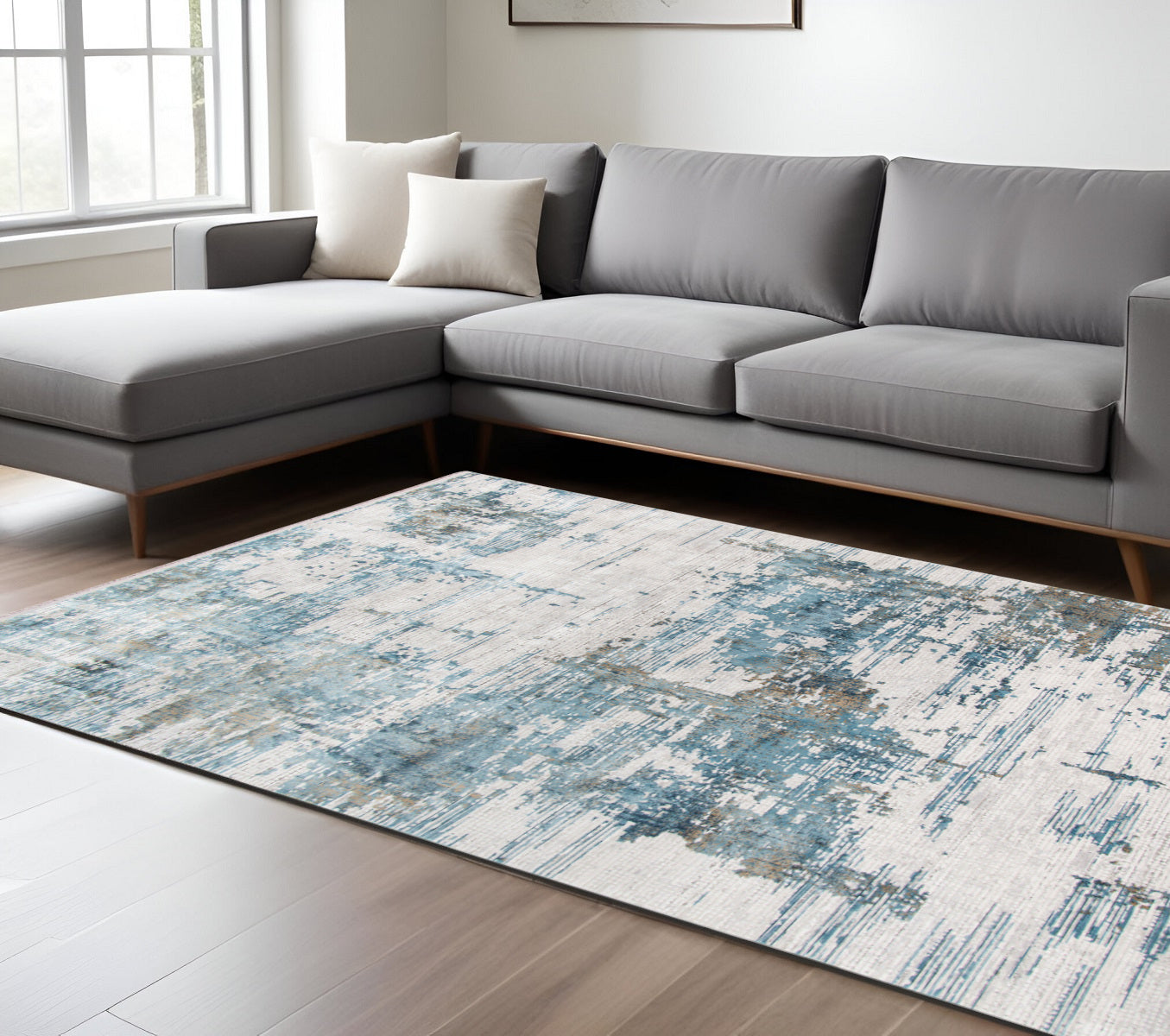 8 X 12 Ivory Blue And Brown Abstract Area Rug With Fringe