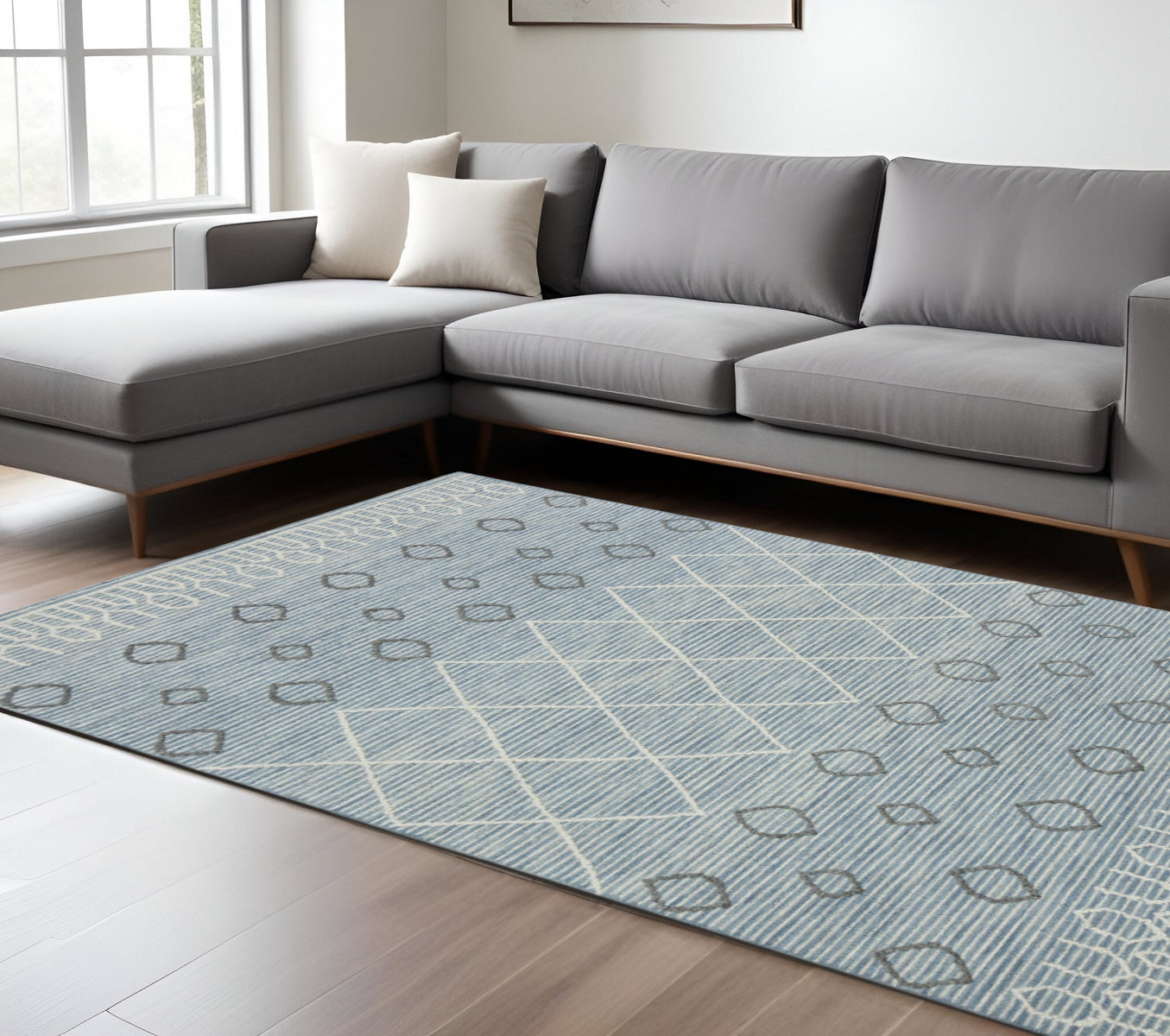 8 X 10 Blue Gray And Ivory Wool Geometric Hand Hooked Area Rug