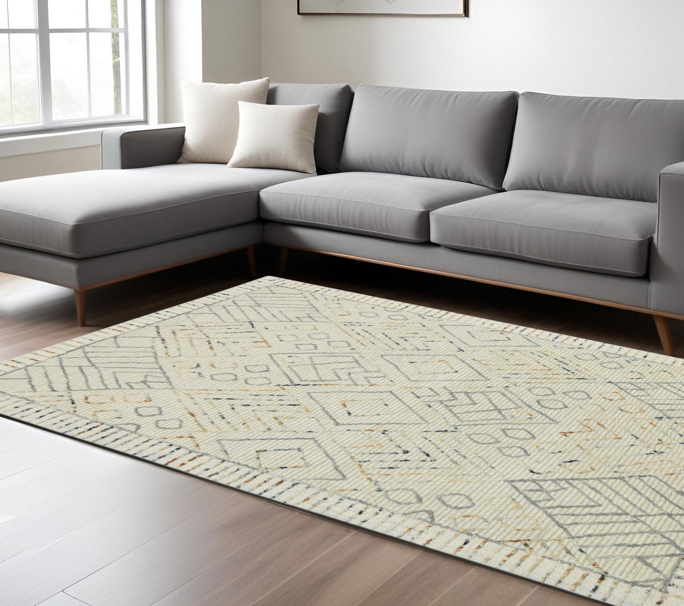 8 X 10 Ivory Gray And Rust Wool Southwestern Hand Hooked Area Rug