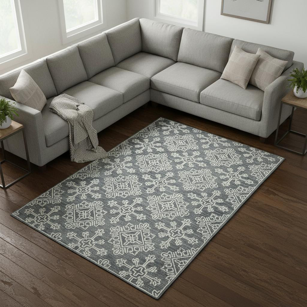 8 X 11 Dark Gray And Ivory Wool Geometric Hand Hooked Area Rug