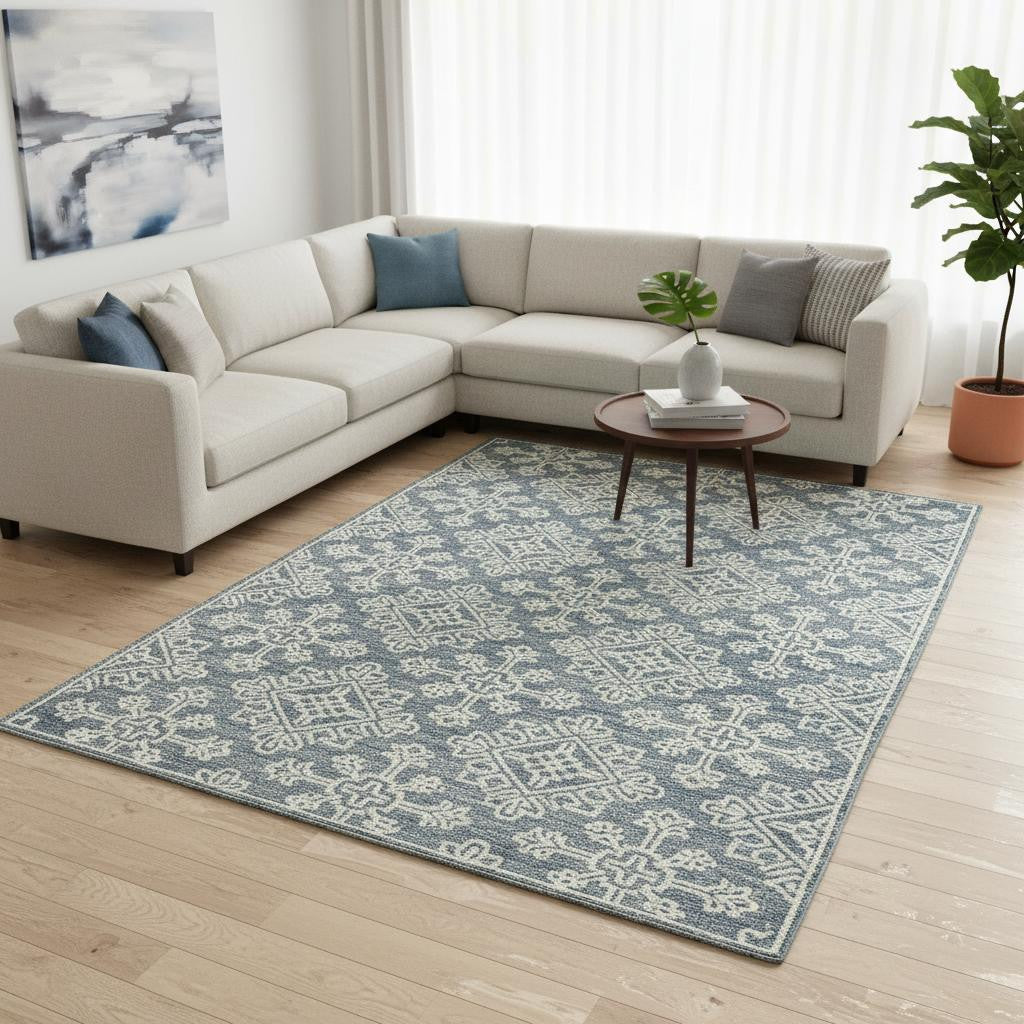 8 X 11 Sky Blue And Ivory Wool Geometric Hand Hooked Area Rug