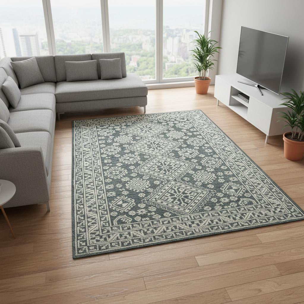 8 X 11 Slate Gray And Ivory Wool Geometric Hand Hooked Area Rug