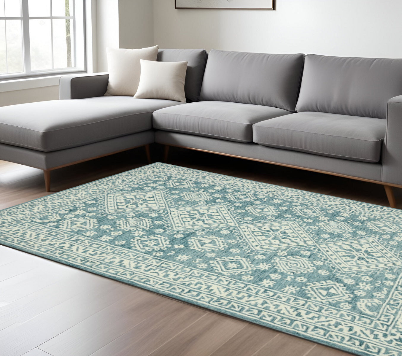 8 X 10 Aqua And Ivory Wool Oriental Hand Hooked Area Rug