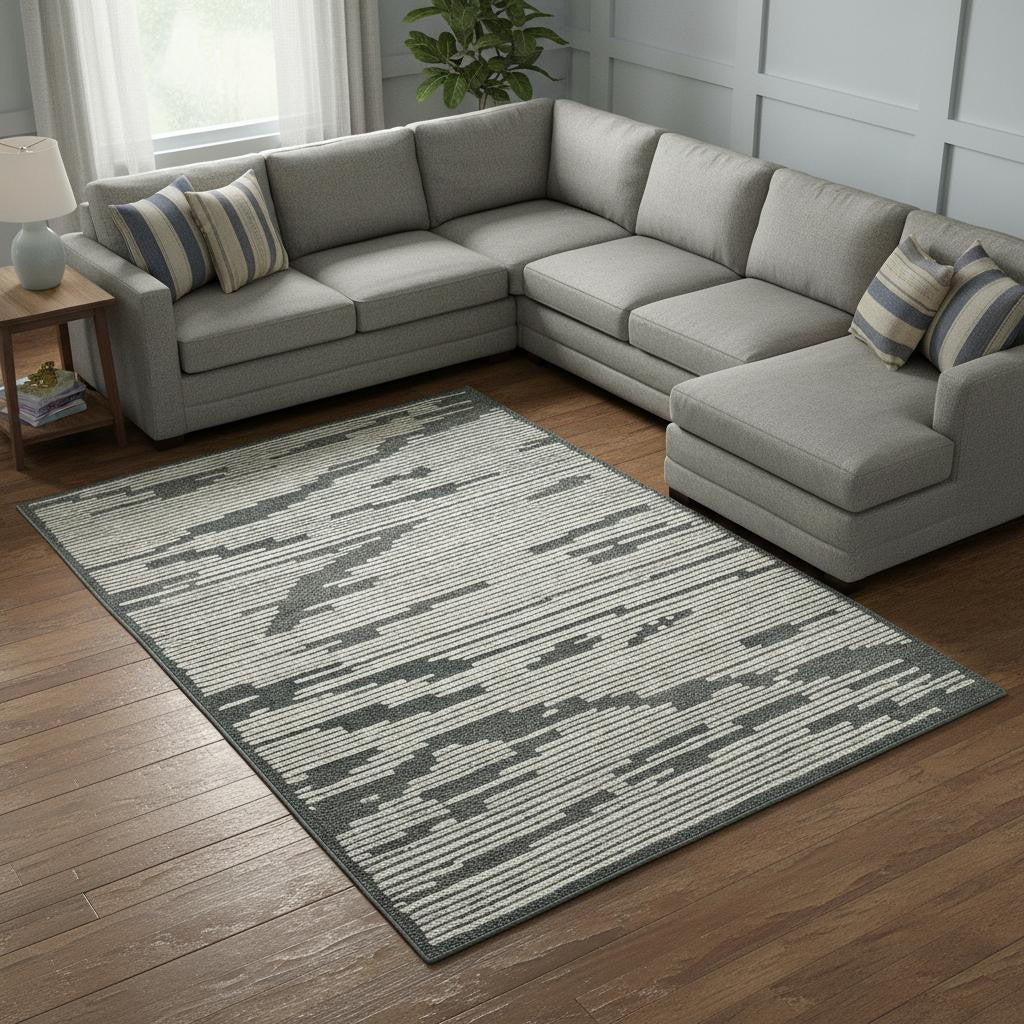9 X 13 Dark Gray And Ivory Wool Geometric Hand Hooked Area Rug